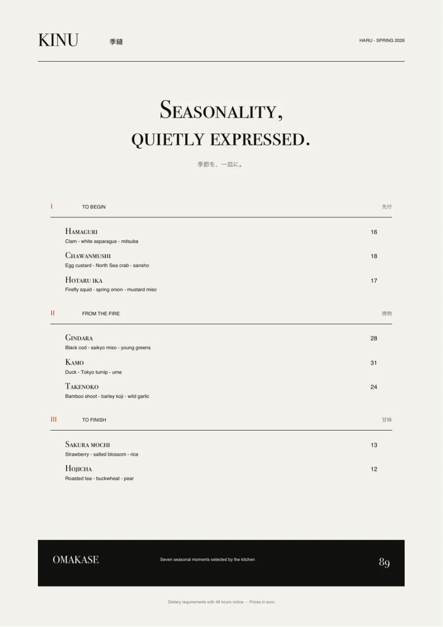 KINU A4 seasonal printed menu in washi, ink and vermillion