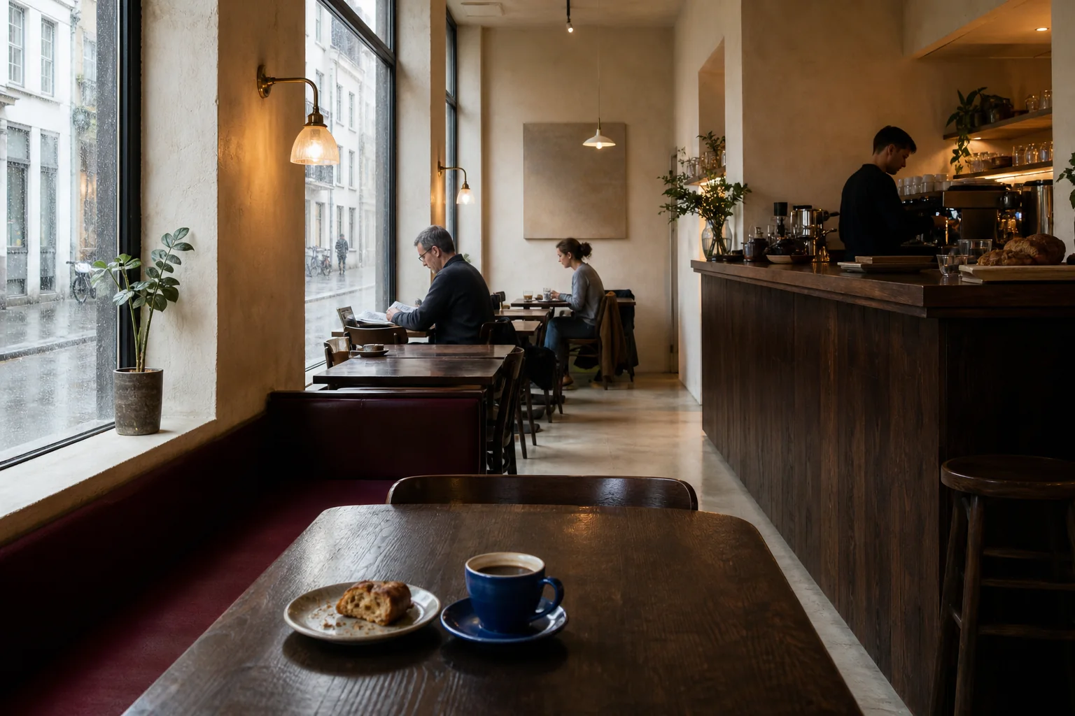Warm interior of FOS café with large rainy windows, dark wood tables and a blue coffee cup