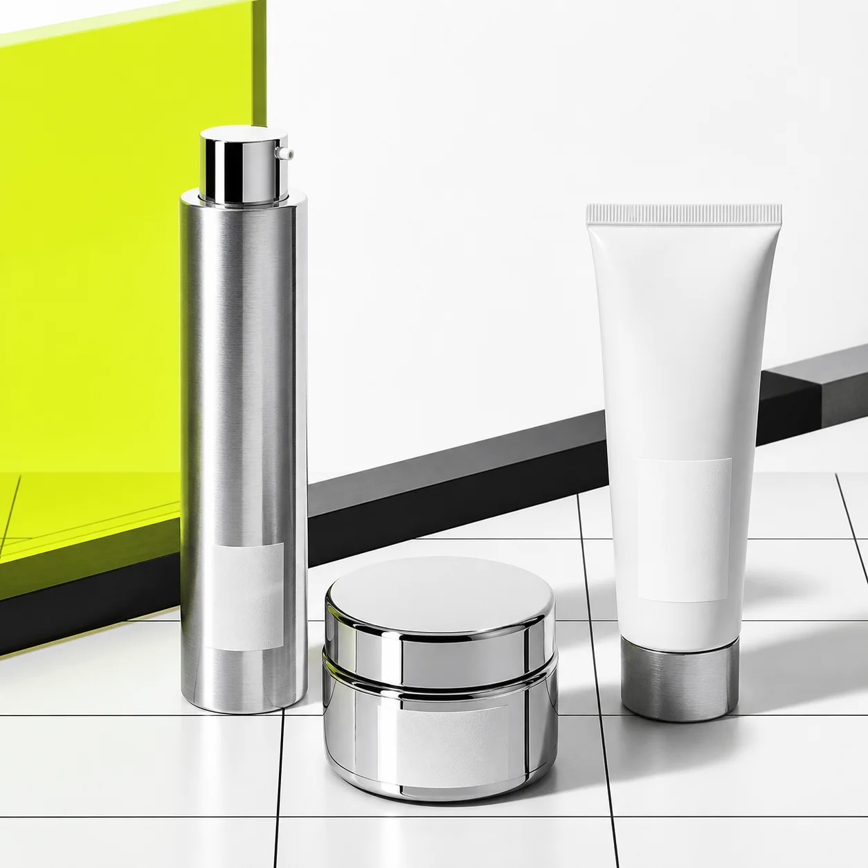 MATERIA skincare collection arranged on a graphic studio grid