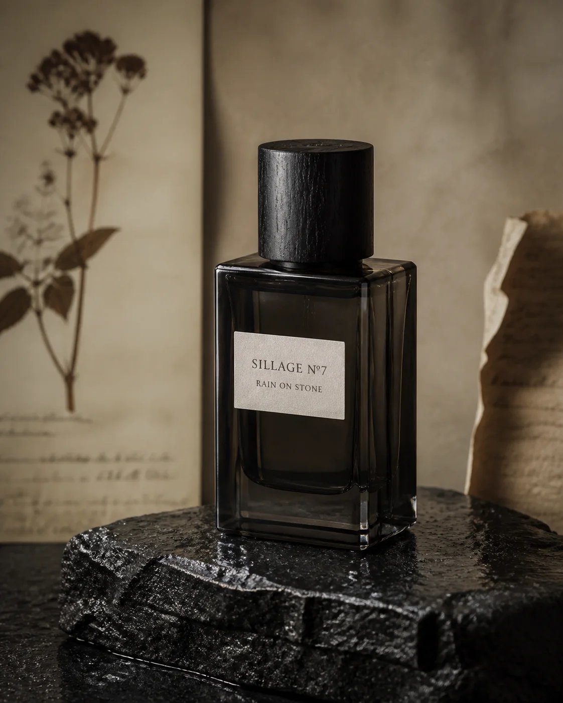 Rain on Stone dark glass fragrance bottle resting on wet black mineral